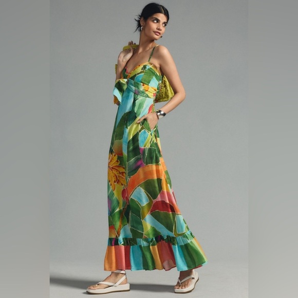 New! Farm Rio x Anthropologie Printed Tie-Front Ruffle Maxi Dress 🌴☀️ Small - Picture 3 of 15
